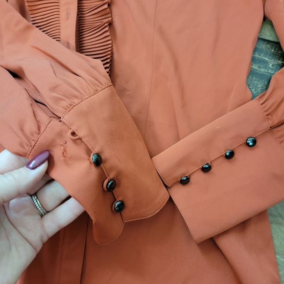 Small Classiques Entier Rust Burnt Orange Ruffle Silk Stretch Blouse *Flawed* - Picture 7 of 7